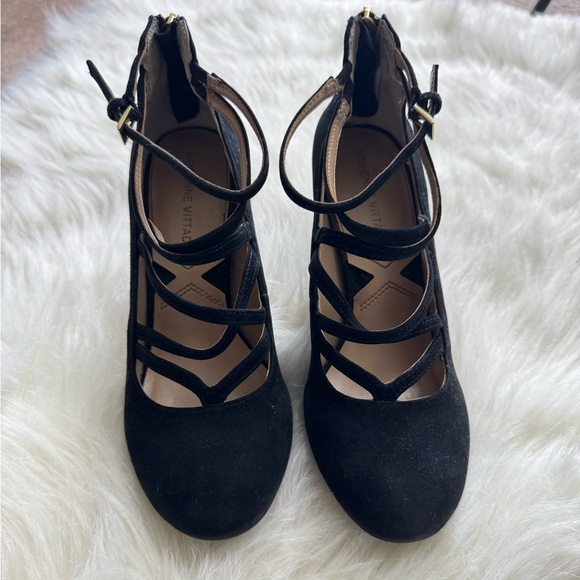 Adrienne Vittadini Black Chunky Heels with Criss Cross Straps Suede Black - Picture 2 of 6
